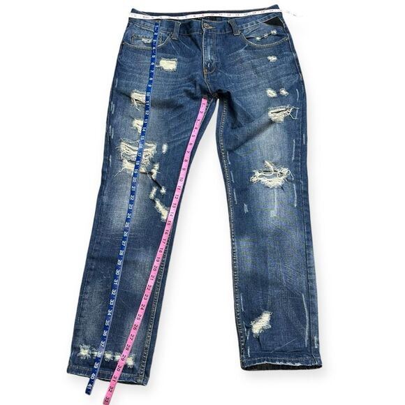 Black Men's Blue Distressed Denim Low Rise Slim Straight Jeans Size 34x32 NWT - Picture 4 of 4